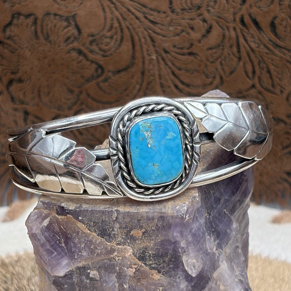 Native American Sterling Silver Turquoise Feather Open Cuff Bracelet Size 6-5/8”